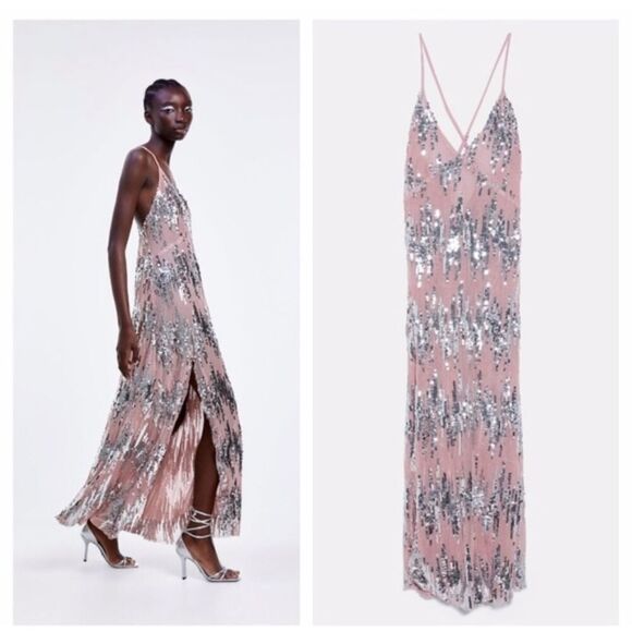 Stunning Pink Silver Sequin Dress | Cross Straps, Wedding Guest Blogger Favorite - Picture 2 of 11